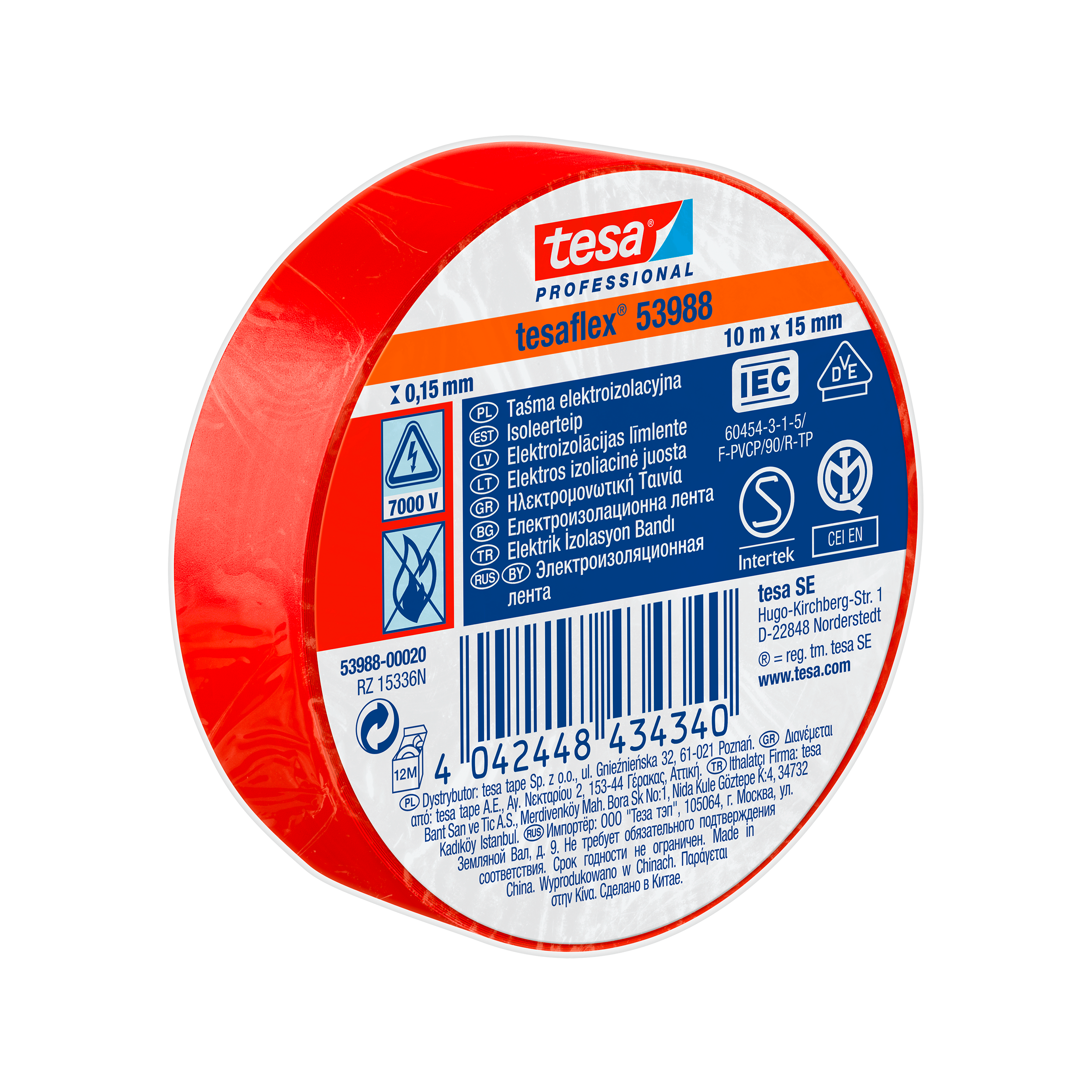 H5398820--Taśma izolacyjna Tesaflex&amp;reg;. Przeznaczona do izolowania przewod&amp;oacute;w i kabli, wiązkowania, znakowania, wzmacniania, zaklejania i zabezpieczania.Dane techniczne:Długość: 15 mSzerokość: 10 mmKolor: czerwonyMateriał nośnika: delik