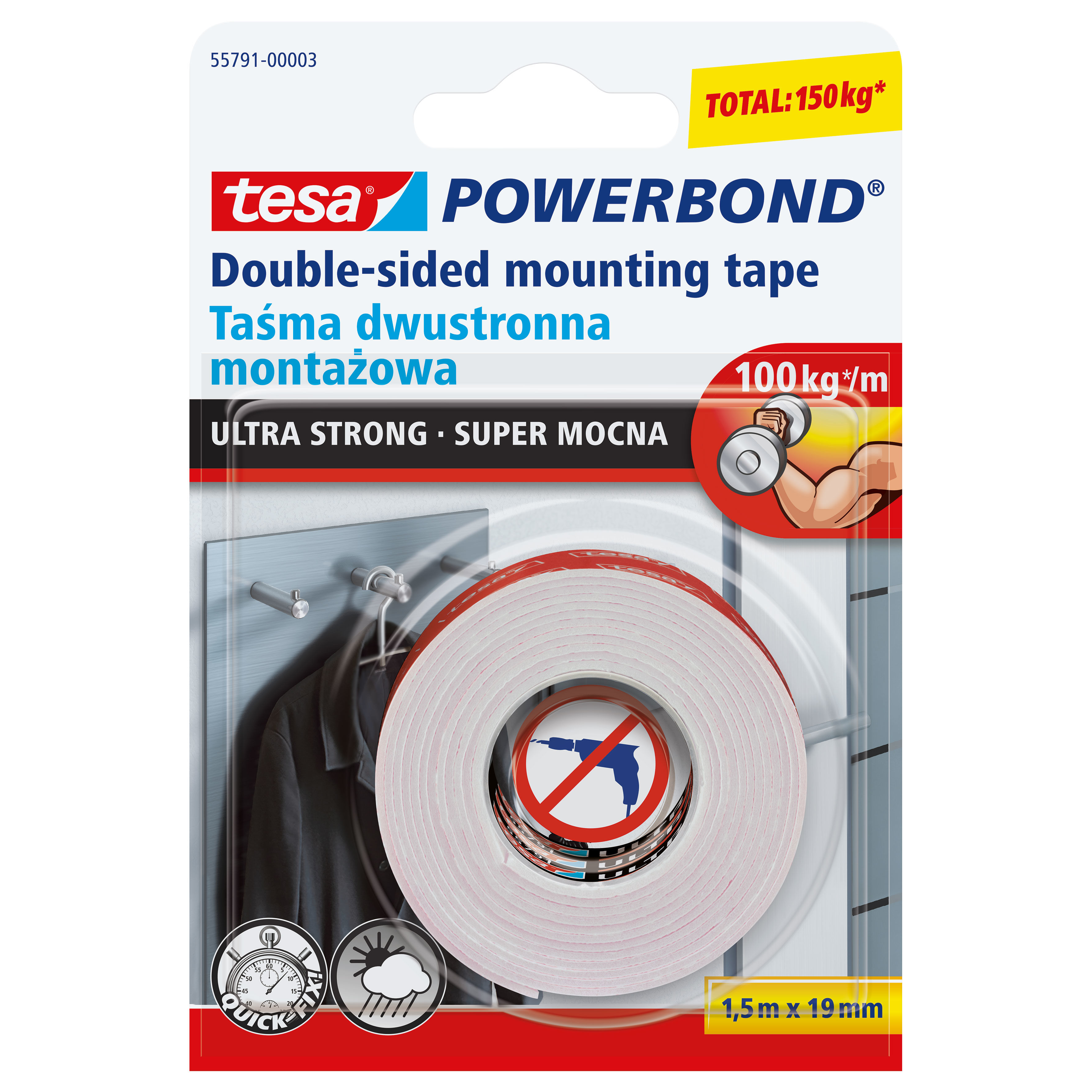 H5579103--Taśma montażowa powerbond wew.zew.1,5m:19mm (s.moc.do 10kg na 10cm)