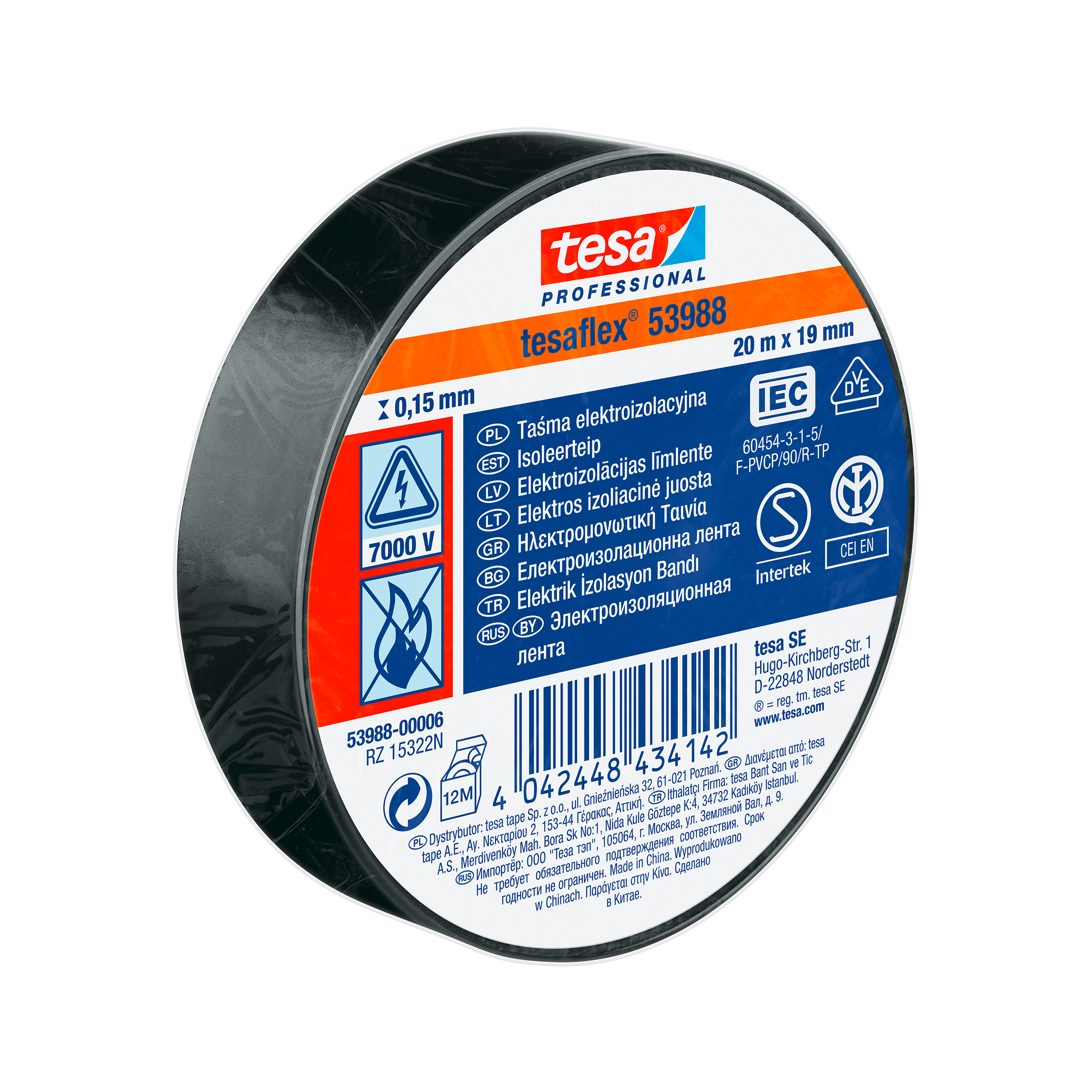 HXC53988--Taśma elektroizol.5000v pcw 20m:19mm czarna stand