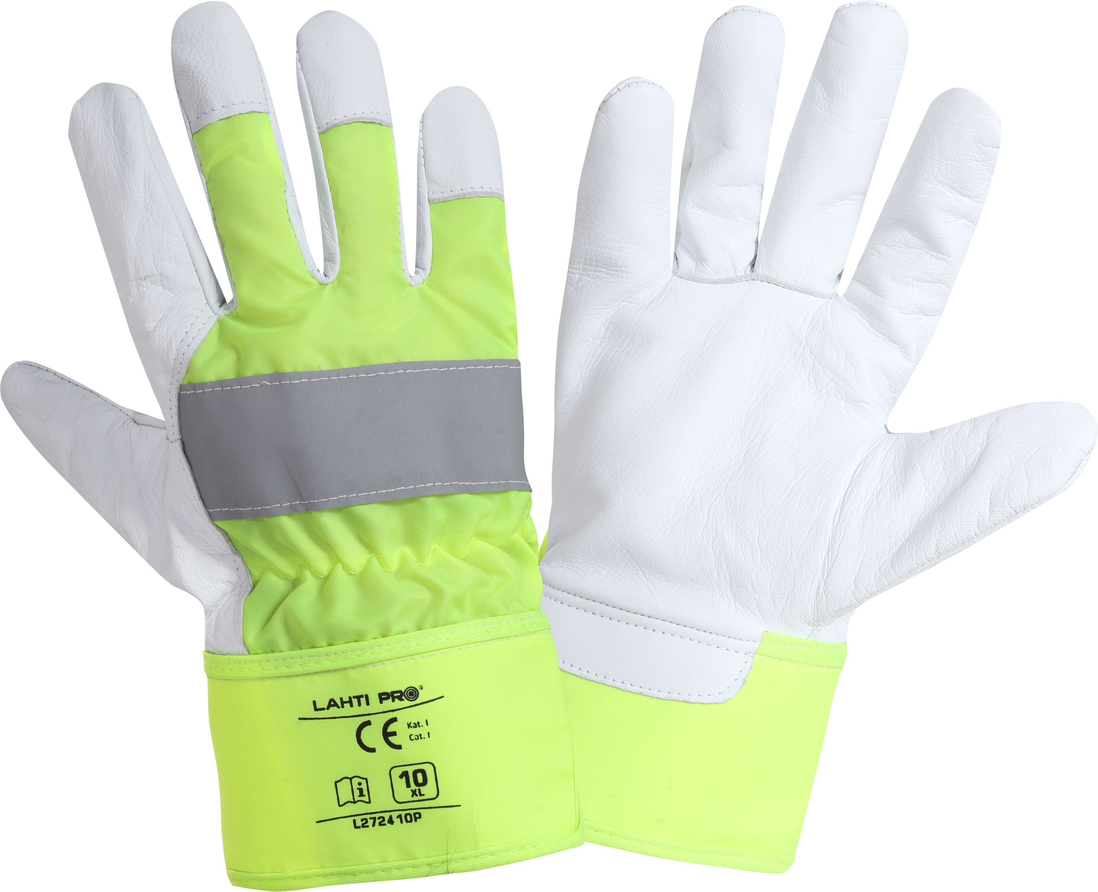 L272410K--Dane techniczne:Materiał: Sk&amp;oacute;ra kozia, poliester.Wierzchnia część rękawicy z materiału o podwyższonej widzialności w połączeniu z pasem odblaskowym podnoszą widoczność użytkownika. Wykonanie części chwytnej z jednego kawałka sk&amp