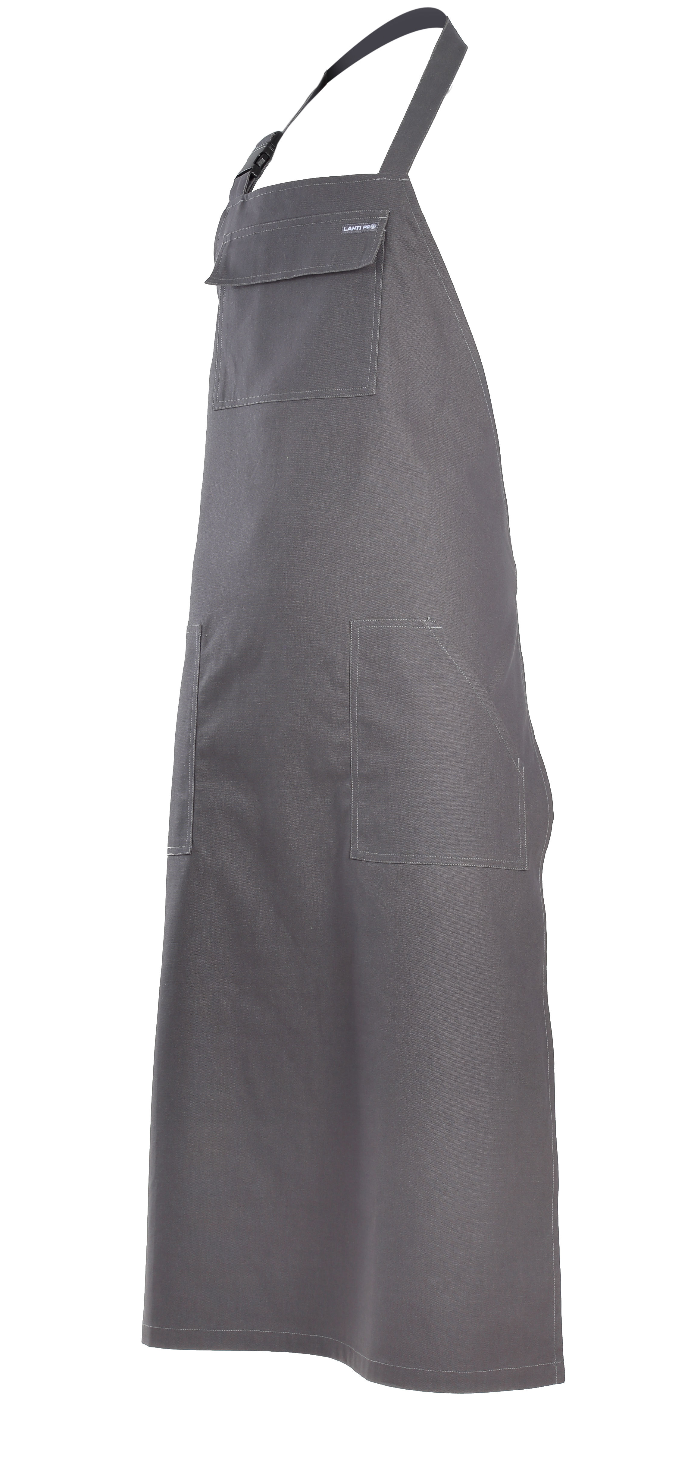 L4160400--Wysokiej jakości, drelichowy fartuch ochronny przedni LAHTI PRO L4160400 to produkt wykonany w 100% z bawełny typu canvas (pł&amp;oacute;tno). Pasek na szyi z regulacją za pomocą praktycznej klamry na zatrzask. Z tyłu wiązany na pasek, co pozwala