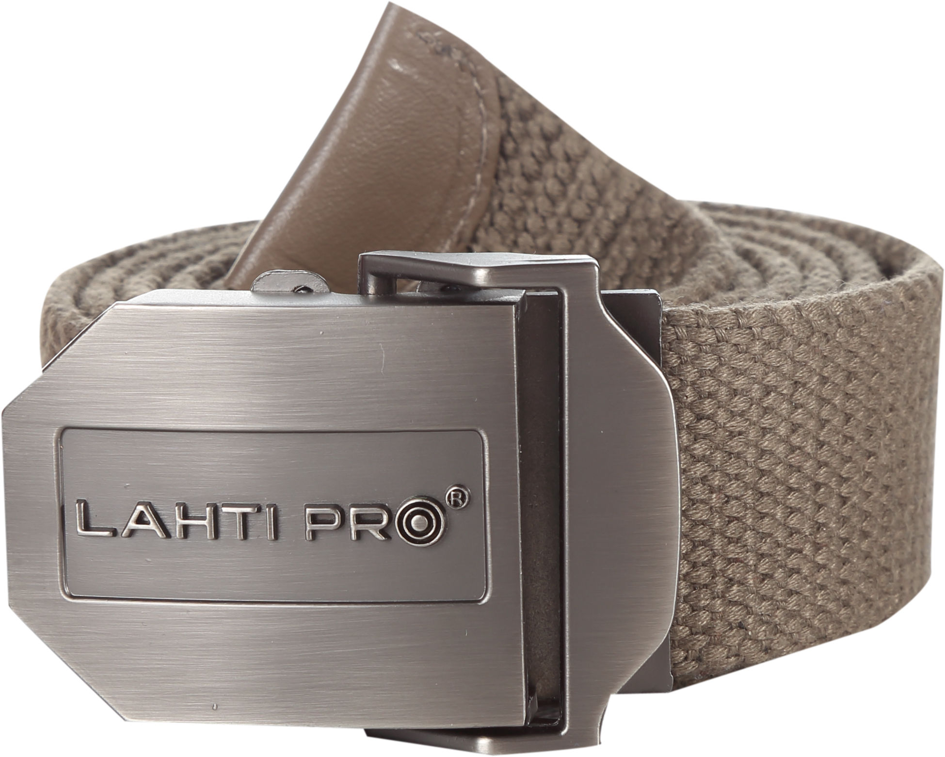 L9020400--Wysokiej jakości, parciany pasek do spodni Lahti PRO L9020400 w kolorze brązowym (khaki). Wykonany w relacji wł&amp;oacute;kien 50/50 z bawełny i poliestru. Mocna, metalowa klamra zaciskowa umożliwia łatwe i szybkie zapinanie oraz odpinanie. Maks