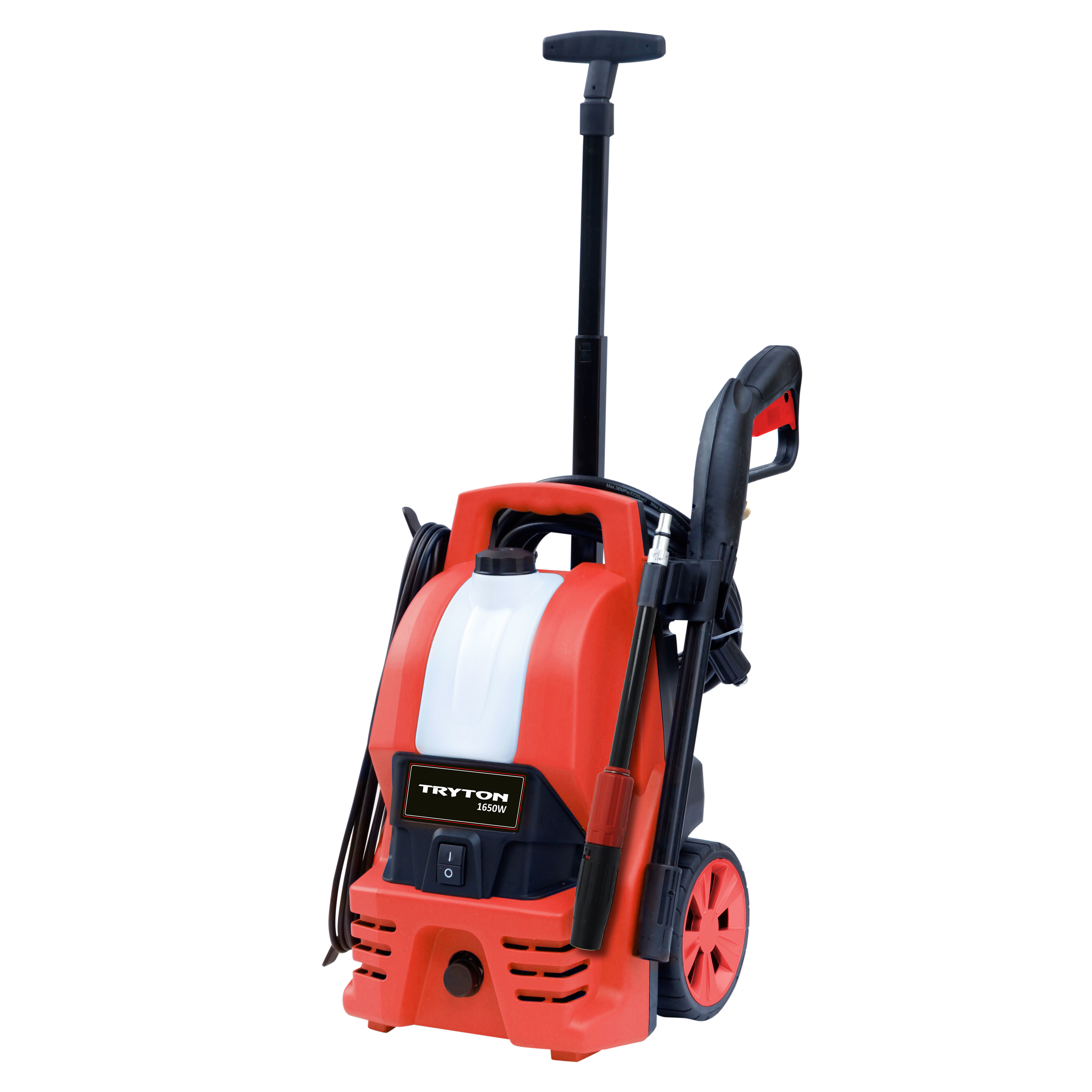 TM16105--Myjka ciśnieniowa Tryton wyposażona jest w silnik szczotkowy o mocy 1650 W oraz pompę do wody o wydajności 5.7l na minutę i maksymalnym ciśnieniu 105 bar. Myjka Tryton posiada na wyposażeniu pistolet, przedłużkę i lancę wachlarzową z regulacją ciśnie
