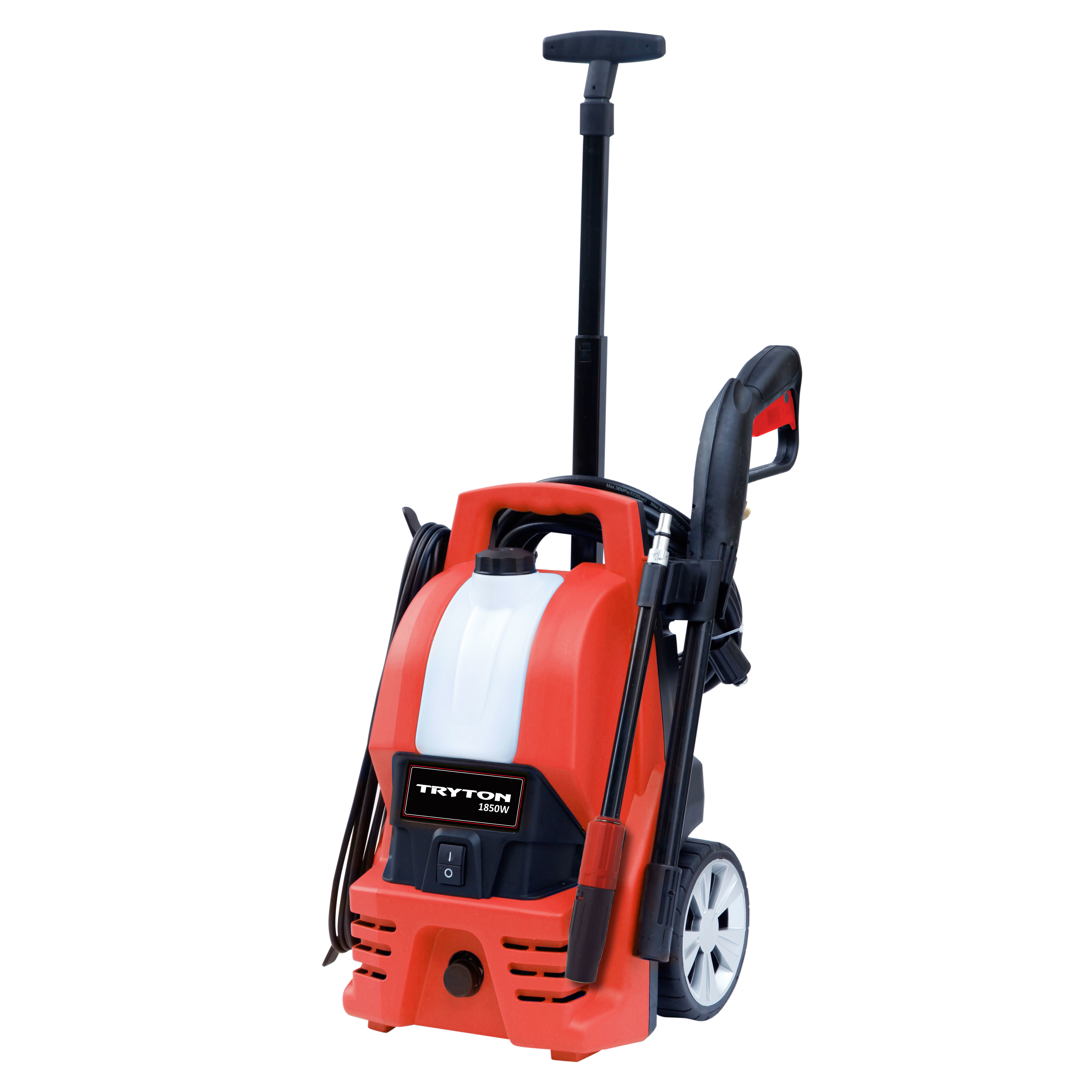 TM18135--Myjka ciśnieniowa Tryton wyposażona jest w silnik szczotkowy o mocy 1850 W oraz pompę do wody o wydajności 5.7l na minutę i maksymalnym ciśnieniu 135 bar. Myjka Tryton posiada na wyposażeniu pistolet, przedłużkę i lancę wachlarzową z regulacją ciśnie