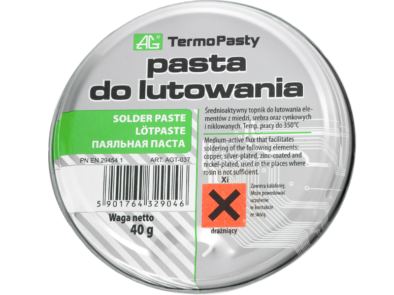 1087#--Średnioaktywny topnik ułatwiający lutowanie element&amp;oacute;w: miedzianych, srebrzonych, cynkowanych oraz niklowanych.&amp;nbsp;Specyfikacja:Producent: AG TermoPastyWaga: 35g
