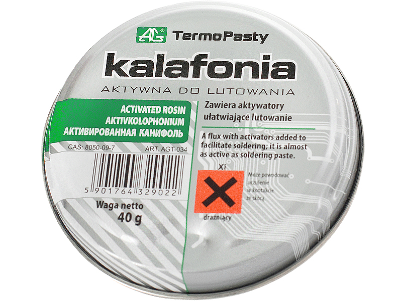 1492#--Kalafonia aktywna z dodatkiem aktywator&amp;oacute;w ułatwiających lutowanie. Produkt posiada aktywność zbliżoną do pasty lutowniczej. Kalafonia wspomaga proces lutowania, zapobiega utlenianiu się złączy, eliminuje powstawanie zimnych lut&amp