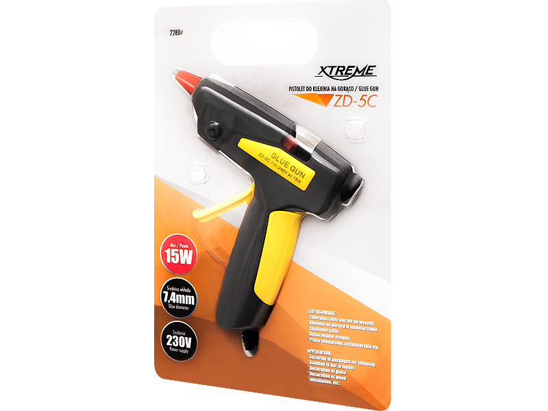 2280#--Wysokiej jakości pistolet przeznaczona do użytku domowego. Idealnie sprawdzi się przy zabezpieczeniu paczek do wysyłki, klejeniu na gorąco w modelarstwie, zdobieniu, pracach montażowych, instalatorskich czy do naprawy zabawek. Zastosowanie:  Zabezpie