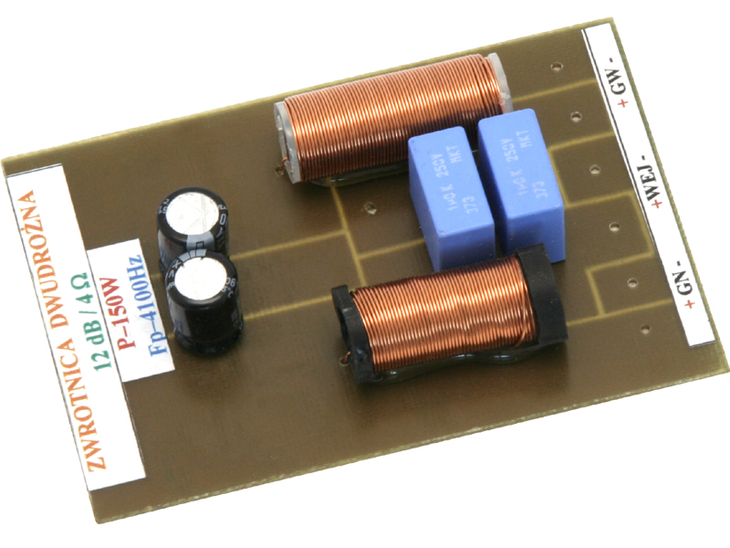 2308#               --Zwrotnica głośnikowa dwudrożna- Moc max.:&amp;nbsp;150 W- Punkt podziału częstotliwości:&amp;nbsp;Fp 4100 Hz- Nachylenie zbocza:&amp;nbsp;12 dB