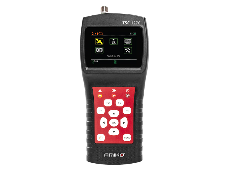 2348#--Miernik Amiko TSC 1270 to uniwersalne urządzenie do pomiaru sygnału satelitarnego DVB-S2, naziemnego DVB-T i DVB-T2 oraz kablowego DVB-C. Obsługuje konwertery Unicable oraz Unicable II. Wbudowany kompas pozwala określić przybliżony kierunek, a czujni