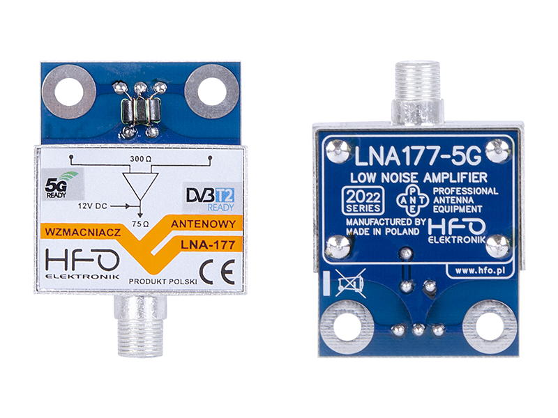 2623#--Wzmacniacz antenowy LNA-177-5G 30dB HFOCechy:- Wzmacniacz pasuje do anten siatkowych i można go zamontować w miejsce tradycyjnego wzmacniacza płytkowego.- Wysokiej jakości złącze typu F umożliwiające łatwy montaż i dobre połączenie.- Wysoka odporność