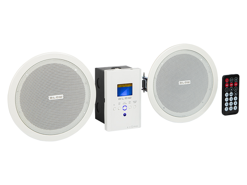 30-300#--Naścienny zestaw audio BLOW NS-01 ze zdalnym sterowaniemDane techniczne:Moc: 2x15W (RMS)Impedancja: 4 OhmNapięcie zasilania: 110V / 230VCzęstotliwość: 20Hz-20KHzTHD: 0,03%Zasięg pilota zdalnego sterowania: &amp;lt;10mWymiary sterownika: wysokość 