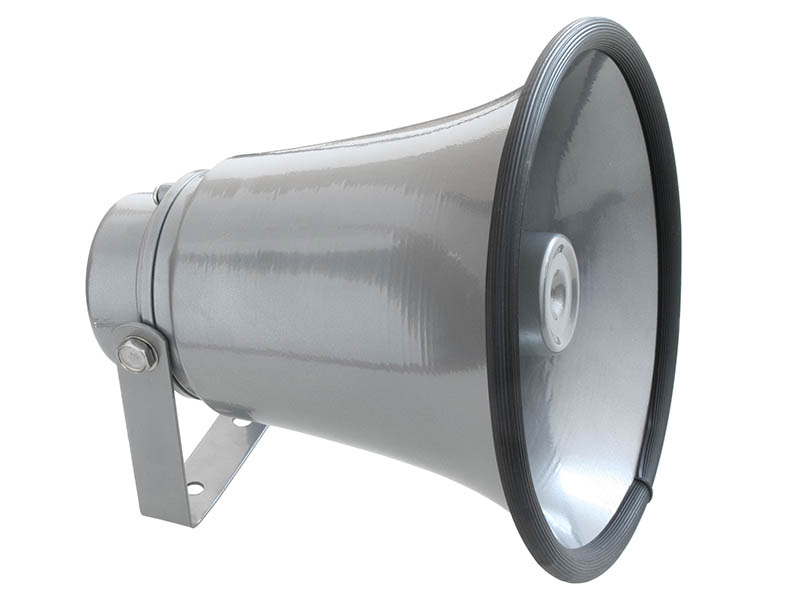 30-509#--Głośnik/megafon typu HORN H-10K z uchwytem.DANE TECHNICZNE:- Moc: 25W- Oporność: 8Ohm- Pasmo częstotliwości: 400Hz-5KHz- Skuteczność: SPL 105dB- Wymiary:&amp;nbsp; &amp;nbsp;średnica: 260mm&amp;nbsp; &amp;nbsp;długość: 228mm- Waga: 1,