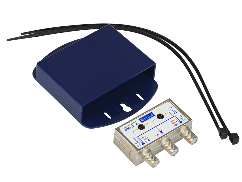 3273#--ZWR-210DC to zwrotnica antenowa posiadająca dwa wejścia: VHF i UHF oraz jedno wyjście. Urządzenie służy do sumowania sygnał&amp;oacute;w z anten telewizyjnych VHF oraz UHF. Zwrotnica zapewnia przeniesienie napięcia zasilającego z wejścia do wyjść