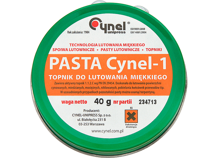3284#               --Wyprodukowana na bazie kalafonii z aktywatorami organicznymi, przeznaczona do lutowania element&amp;oacute;w cynowanych, miedzianych i niklowanych.Producent: CYNELWaga: 30g