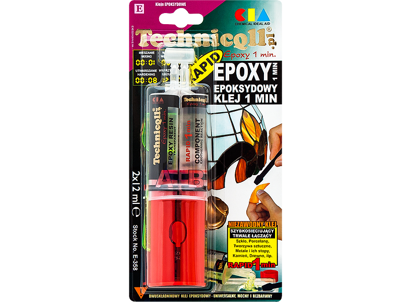 3401#--Klej&amp;nbsp;EPOXY bezbarwny 2x12 ml Bezbarwny klej epoksydowy o bardzo szybkim, kilkuminutowym czasie sieciowania. Niezawodny i skuteczny do trwałego klejenia: szkła, porcelany, ceramiki, tworzyw sztucznych (za wyjątkiem PP, PE, PTFE), kamienia