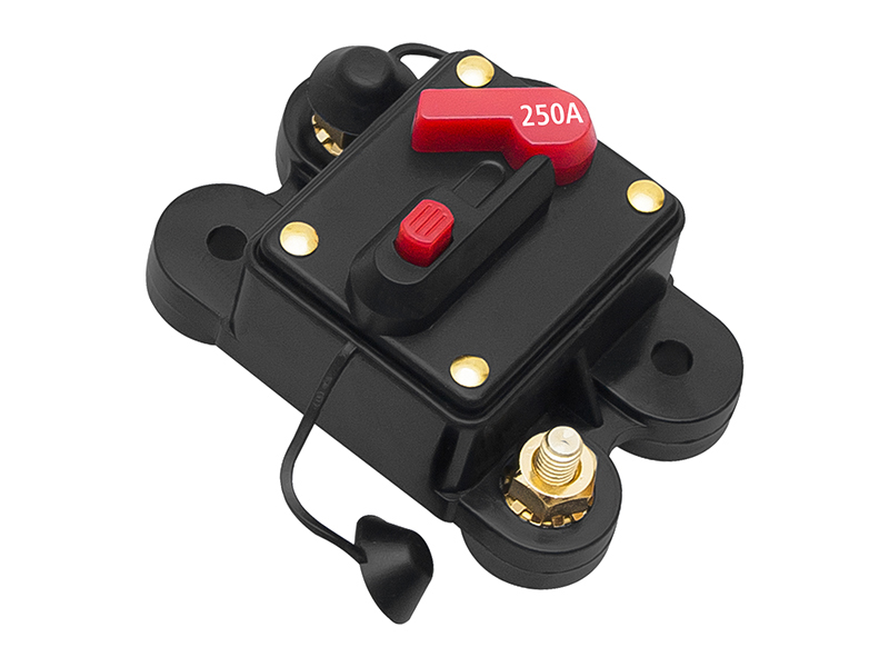 3778#--Samochodowy bezpiecznik automatyczny 250A  Automatyczny wyłącznik obwodu używany do zabezpieczenia przed przepięciem samochodowych urządzeń audio/video. Parametry techniczne:  Napięcie wejściowe: 12-48 Volt Prąd: 250A Wodoodporny Rozmiar śrub montażo