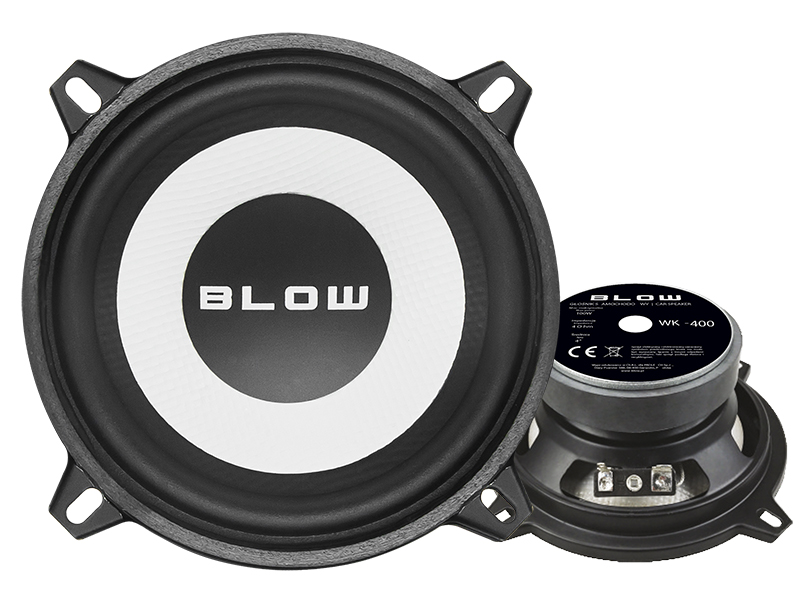 3923#--Głośnik samochodowy Blow WK-400Specyfikacja:- Woofer: 4&amp;quot;- Moc max: 100W- Impedancja: 4 Ohm- Zakres częstotliwości: 109 Hz - 10 KHz- Cewka: aluminiowa 1&amp;quot;- Magnes: 6 OZ- Czułość: 86dB +/- 2 dB- Zawieszenie wykonane z gumy buty
