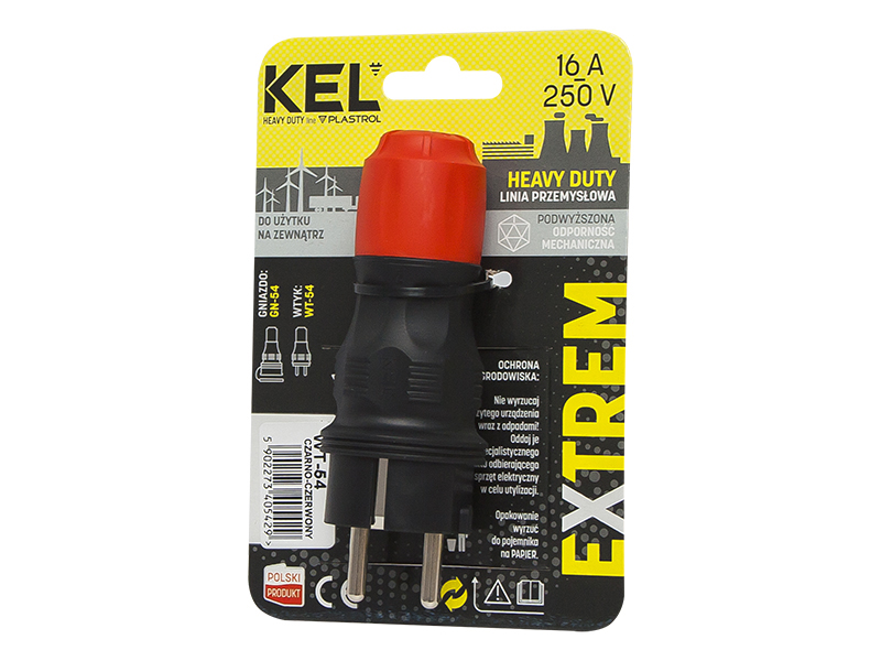 4095#--Wtyczka prądowa hermetyczna do zamontowania na kabel składająca się z wtyku oraz szczelnej obudowy IP54 zapewniającej ochronę przed kurzem, brudem, piaskiem oraz strumieniem wody. Produkt przeznaczony do zastosowań zar&amp;oacute;wno wewnętrznych