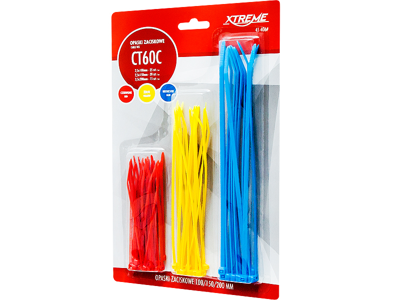 41-406#--Zestaw opasek zaciskowych koloru czarnego CT60BNylonowe opaski zaciskowe dzięki łatwości montażu, bardzo dużej wytrzymałości na rozciąganie i wysokiej odporności na substancje olejo-pochodne znajdują szerokie zastosowanie w elektronice, teleinformaty