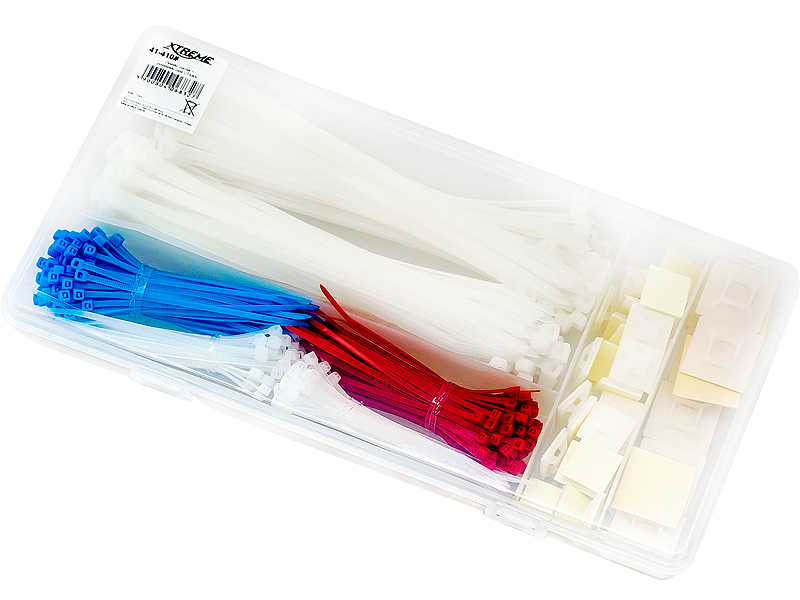 41-410#--Zestaw opasek zaciskowych i podstawek samoprzylepnych kolor CT490CNylonowe opaski zaciskowe dzięki łatwości montażu, bardzo dużej wytrzymałości na rozciąganie i wysokiej odporności na substancje olejo-pochodne znajdują szerokie zastosowanie w elektro