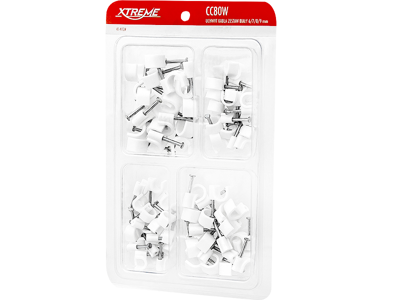 41-412#--Zestaw białych uchwyt&amp;oacute;w do kabli o przekroju okrągłym CC80BUchwyty kablowe z gwoździem umożliwiają szybkie i pewne mocowanie przewod&amp;oacute;w do podłoża drewnianego lub gazobetonowego. Są stosowane przy instalacjach antenowych,