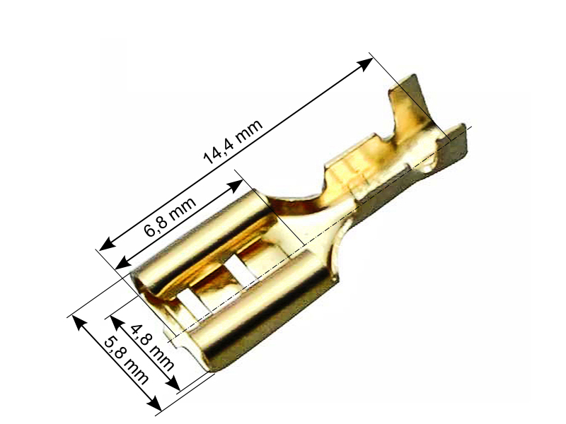 43-106#--Konektor nieizolowany płaski żeński 4,8/0,5DANE TECHNICZNE:- Wymiary w galerii- Materiał: mosiądz- Grubość materiału [mm]: 0,3- Żyła [mm2]: 0,5-0,8