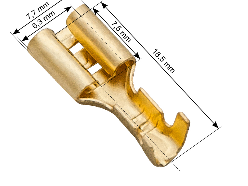 43-110#--Konektor nieizolowany płaski żeński 6,3/0,8DANE TECHNICZNE:- Wymiary w galerii- Materiał: mosiądz- Grubość materiału [mm]: 0,4- Żyła [mm2]: 1,0-1,5