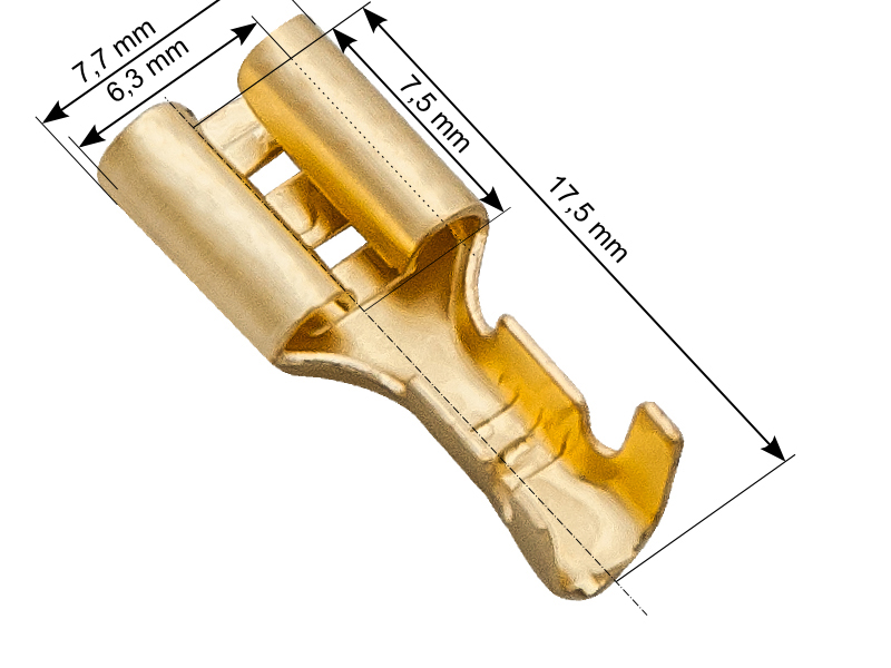 43-111#--Konektor nieizolowany płaski żeński 6,3/0,8DANE TECHNICZNE:- Wymiary w galerii- Materiał: mosiądz- Grubość materiału [mm]: 0,4- Żyła [mm2]: 1,0-1,5