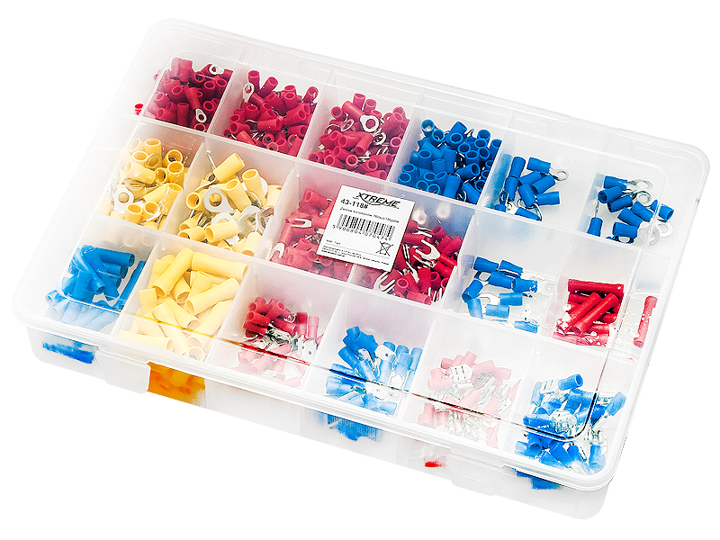 43-118#--Zestaw konektor&amp;oacute;w izolowanych 760 szt. 18 typ&amp;oacute;w  WYMIARY SEGREGATORA: Szerokość: 280 mm Głębokość: 185 mm Wysokość: 42 mm DANE TECHNICZNE KONEKTOR&amp;Oacute;W: - Materiał: stal cynowana - Izolacja: PVC              