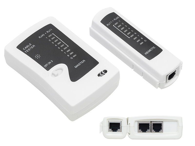 4579#--Tester do kabli RJ45 oraz RJ11 - produkt wykrywa takie nieprawidłowości jak zwarcie, rozwarcie, zamienione żyły czy zamienione pary poprzez sygnalizację składającą się z 9 diod LED. W zestawie znajduje się jednostka gł&amp;oacute;wna, jednostka z