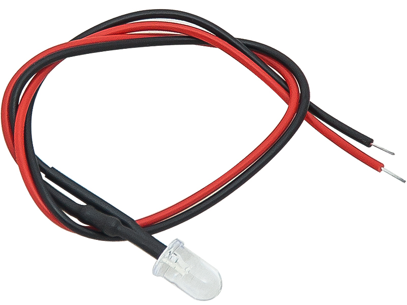 4607#--Dioda LED z niebieską barwą światła oraz przezroczystą soczewką wraz z przewodem 20 cm.- Soczewka: przezroczysta (clear)- Średnica: 5 mm- Napięcie zasilania: 12V- Kolor: niebieski- Przew&amp;oacute;d: 20 cm- Opakowanie: 10 sztuk