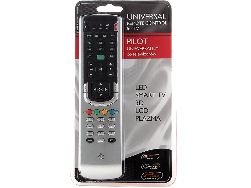 5168#--Pilot uniwersalny&amp;nbsp;ZIP100&amp;nbsp;Pilot do najnowszych telewizor&amp;oacute;w typu LED, Smart TV, 3D, LCD, PlazmaCECHY:- Obsługuje telewizory LED, Smart TV, 3D, LCD, Plazma r&amp;oacute;żnych marek- Posiada wszystkie funkcje 