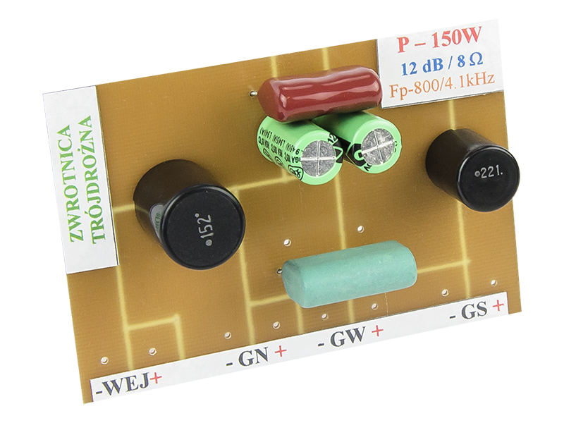 5933#--Zwrotnica głośnikowa tr&amp;oacute;jdrożna 8 Ohm- Moc max.:&amp;nbsp;150 W- Punkt podziału częstotliwości:&amp;nbsp;Fp 800/4,1 KHz- Nachylenie zbocza:&amp;nbsp;12 dB