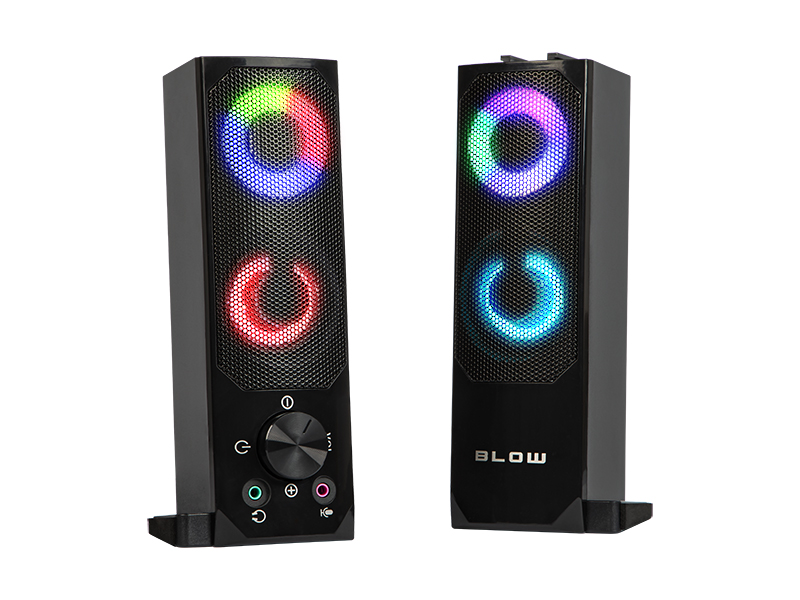 66-379#--Specyfikacja:- Zestaw głośnikowy: 2.0- Funkcja Bluetooth: TAK- Podświetlane głośniki: kolory LED RGB- Możliwość podłączenia obu głośnik&amp;oacute;w w jeden moduł: 2IN1- Zasilanie: z portu USB 5V DC- Sterowanie głośnością: TAK- Głośnik: 2 x 2&