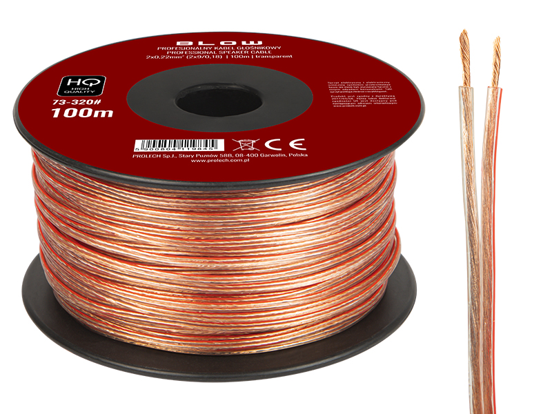 73-320#--Specyfikacja:- Długość przewodu: 100m- Rozmiar przewodu: 2x 0,22mm- Rodzaj przewodu: głośnikowy- Przekazywany sygnał: audio- Kolor: przezroczysty&amp;nbsp;Wysokiej jakości przew&amp;oacute;d głośnikowy przeznaczony do domowych i profesjonalny
