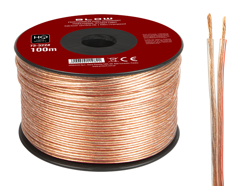 73-322#--Specyfikacja:- Długość przewodu: 100m- Rozmiar przewodu: 2x 0,50mm- Rodzaj przewodu: głośnikowy- Przekazywany sygnał: audio- Kolor: przezroczysty&amp;nbsp;Wysokiej jakości przew&amp;oacute;d głośnikowy przeznaczony do domowych i profesjonalny