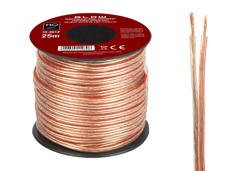 73-361#--Specyfikacja:- Długość przewodu: 25m- Rozmiar przewodu: 2x 0,35mm- Rodzaj przewodu: głośnikowy- Przekazywany sygnał: audio- Kolor: przezroczysty&amp;nbsp;Wysokiej jakości przew&amp;oacute;d głośnikowy przeznaczony do domowych i profesjonalnyc