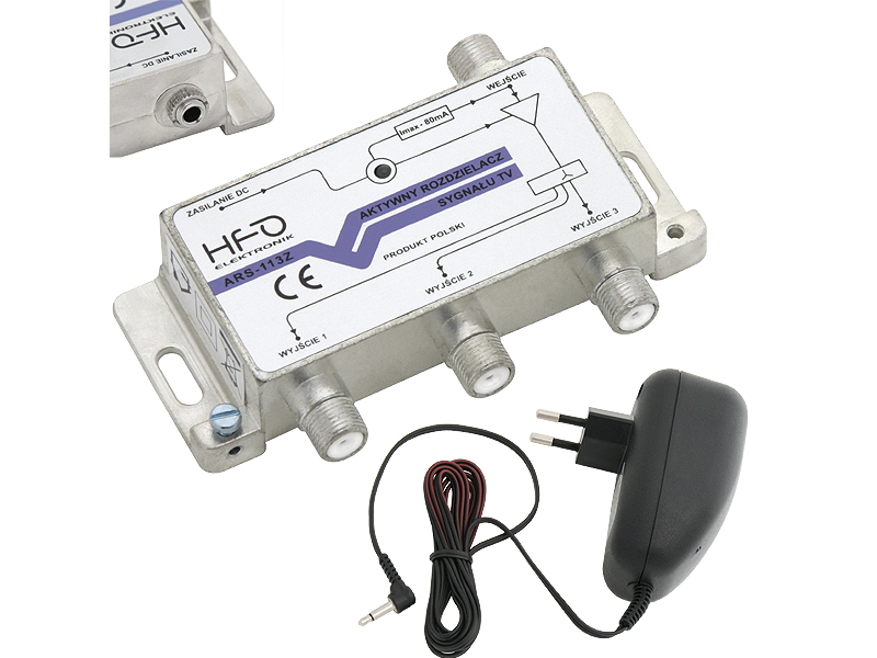 77-131#--Aktywny rozdzielacz sygnału z lekkim wzmocnieniem może być używany praktycznie z każdym rodzajem anten telewizyjnych - jego stosowanie nie powoduje spadku poziomu sygnału na wyjściach. Może być stosowany do zasilania wzmacniacza antenowego poprzez ka