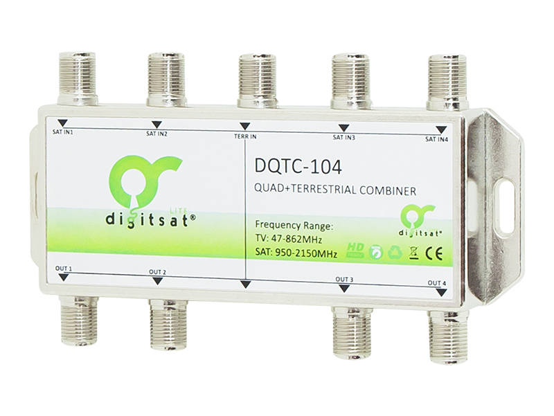 77-172#--Sumator marki Digisat DQTC-104 to urządzenie umożliwiające łączenie sygnału telewizyjnego z anteny naziemnej i sygnału satelitarnego z konwertera typu Quad. Następnie sygnał ten może być przesłany do czterech niezależnych gniazd RTV-SAT.Specyfikacja: