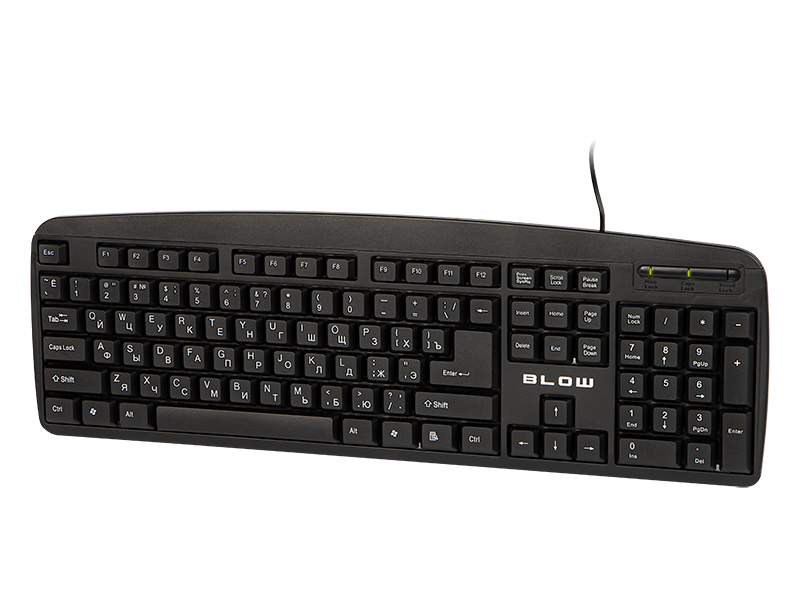 84-208#--Wysokiej jakości przewodowa klawiatura marki BLOW. Produkt charakteryzuje się najbardziej popularnym układem klawiszy QWERTY na kt&amp;oacute;rych dodatkowo oznakowane są litery cyrylicy.&amp;nbsp; Specyfikacja:  Interfejs: USB Długość kabla: