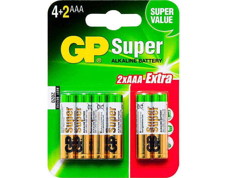 8724#--Zestaw baterii alkalicznych AAA 1,5 V na blistrze- Zastosowanie: cyfrowe aparaty fotograficzne, przenośne urządzenia CD, golarki, piloty, zabawki, narzędzia, latarki, kalkulatory, zegary, instrumenty pomiarowe itp.- Nazwa producenta: GP Super alkalin