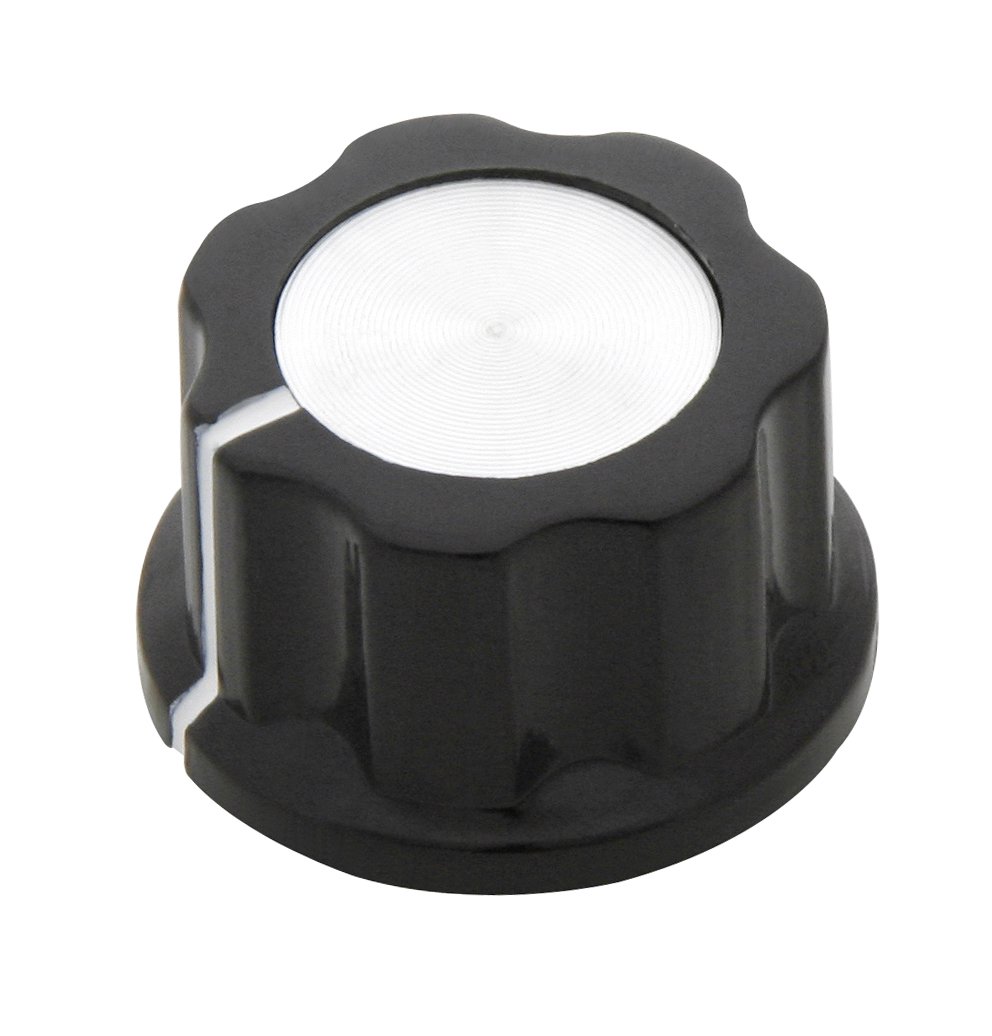 8803#--średnica u podstawy: 19mm średnica gałki: 16mm&amp;nbsp; wysokość: 11mm średnica osi: 6mm blokowana śrubą materiał: bakielit kolor gałki: czarny ze srebrnym deklem kolor wskaźnika: biały