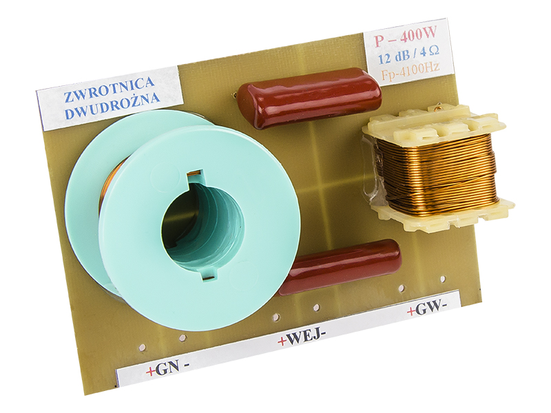 8819#               --Zwrotnica głośnikowa dwudrożna 4 Ohm- Moc max.:&amp;nbsp;400 W- Punkt podziału częstotliwości:&amp;nbsp;Fp 4100 Hz- Nachylenie zbocza:&amp;nbsp;12 dB