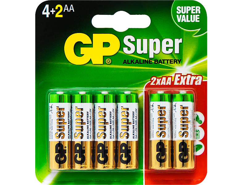 8940#--Zestaw baterii alkalicznych AA 1,5 V na blistrze- Zastosowanie: cyfrowe aparaty fotograficzne, przenośne urządzenia CD, golarki, piloty, zabawki, narzędzia, latarki, kalkulatory, zegary, instrumenty pomiarowe itp.- Nazwa producenta: GP Super alkaline