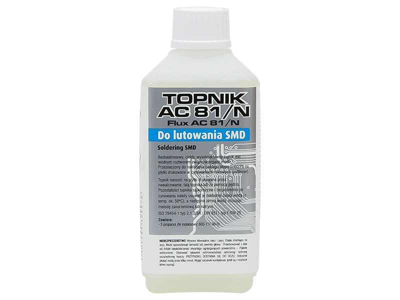 9149#--Topnik AC &amp;ndash; 81/NBezkalafoniowy, ciekły, wysokoaktywny topnik typu 2.1.2/3 A jest wodnym roztworem związk&amp;oacute;w organicznych. Przeznaczony do nakładania ciekłego stopu Sn60/Pb na płytki drukowane w cynowarkach rolkowych (rollt