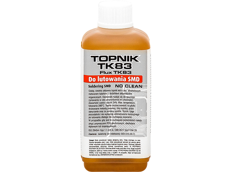 9173#--Ciekły, średnio aktywny topnik typu 1.1.2/3 A wg ISO 9454-1, alkoholowy roztw&amp;oacute;r kalafonii z dodatkiem aktywator&amp;oacute;w organicznych, max. temperatura lutowania 280oC. Zawartość części całych 24%. Doskonale nadaje się do ręczn