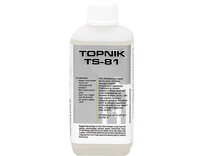 9180#--Ciekły, bezkalafoniowy, wysoko aktywny topnik typu 3.2.1 A wg ISO 9454-1, stanowiący mieszaninę związk&amp;oacute;w nieorganicznych i organicznych. Przeznaczony do lutowania element&amp;oacute;w z r&amp;oacute;żnego rodzaju stali (w tym k