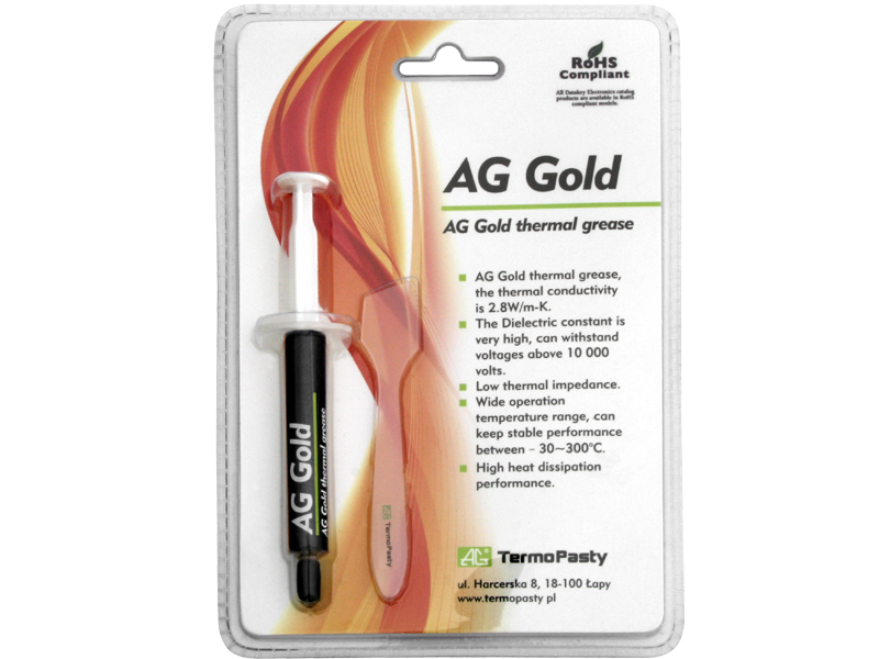 9188#-- AG Gold to wysokiej jakości pasta termoprzewodząca. Dzięki 45% zawartości złota, jej przewodność cieplna jest 3 razy wyższa, niż w przypadku normalnych past termoprzewodzących. Pozwala to na obniżenie temperatury procesora o około 6 stopni, nawet be