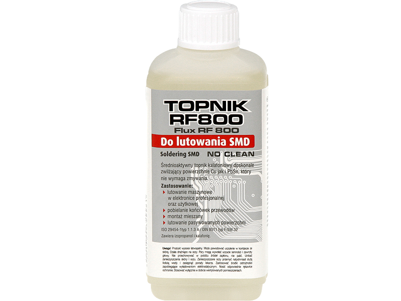 9191#--Średnioaktywny topnik kalafoniowy, kt&amp;oacute;ry doskonale zwilża powierzchnie Cu jak i PbSn. Dodatkowo produkt nie wymaga zmywania. ZASTOSOWANIE:   Lutowanie maszynowe w elektronice profesjonalnej oraz użytkowej  Pobielanie końc&amp;oacut