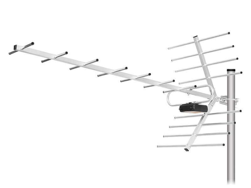 9471#--Antena cyfrowo-analogowa o wysokiej skuteczności. Przystosowana do montażu na zewnątrz, odporna na wodę i promieniowanie UV. Składana wytrzymała konstrukcja. Idealna na obszarach o trudnych warunkach odbioru. Naważniejsze informacje:  Umożliwia odbi&